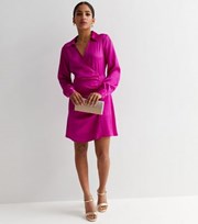 New Look Petite Mid Pink Satin Collared Button Side Mini Shirt Dress